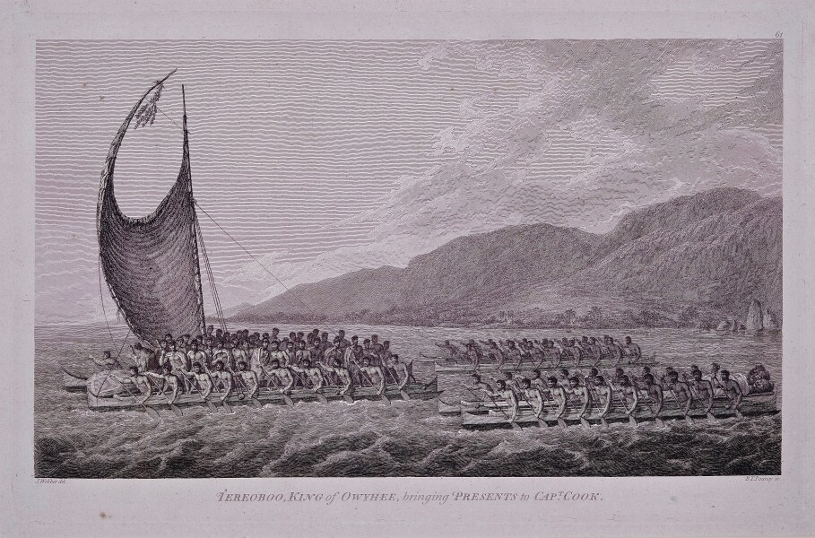 King of Owyhee bringing bring gifts to Captain Cook