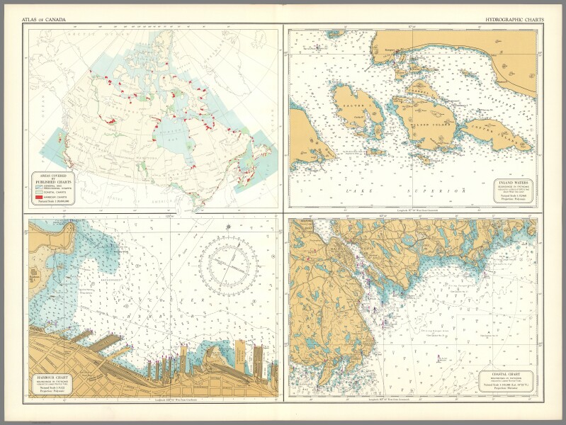 Hydrographic Charts 1958 showing Canadian shorelines from the Department of Mines and Technical Surveys