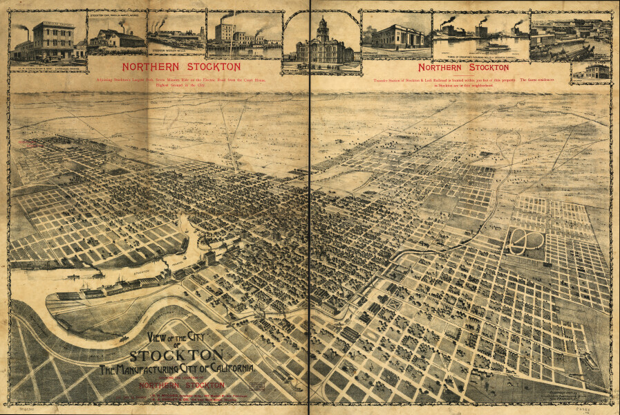 E65 - View of the City of Stockton the Manufacturing City of California showing the location of Northern Stockton - 1895