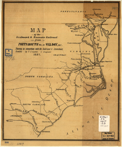 E72 - Map of the Seaboard and Roanoke Railroad from Portsmouth VA to Weldon NC - Ephraim W Bouve - 1847