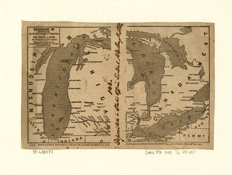 E72 - Railroads in Michigan with Steamboat Routes on the Great Lakes - John Doggett - 1848