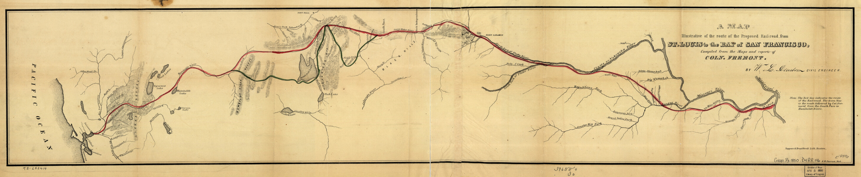 E72 - A Map Illustrative of the Route of the Proposed Railroad from St Louis to the Bay of San Francisco - William L Dearborn - 1850