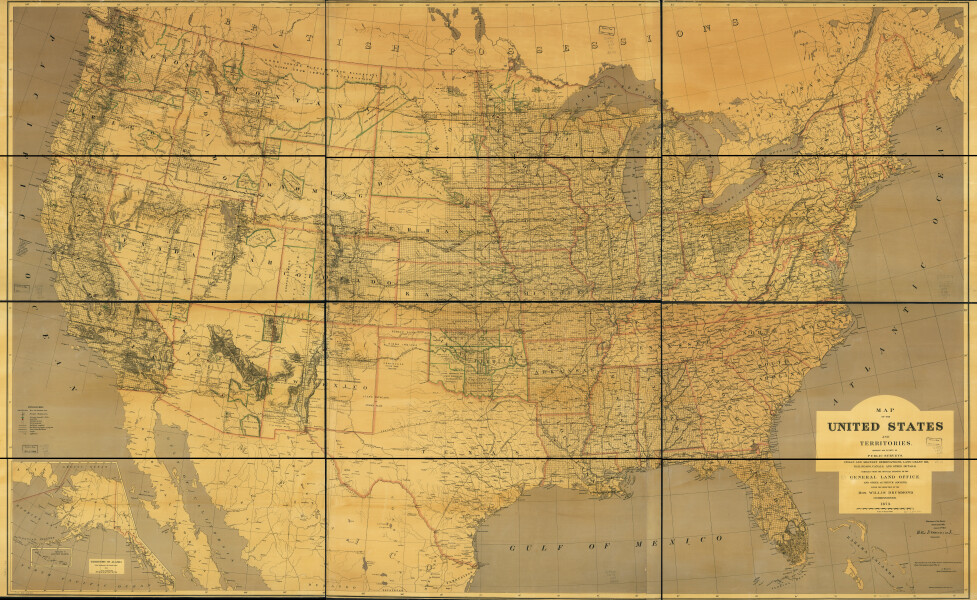 E72 - Map of the United States and Territories showing the extent of Public Surveys Indian and Military Reservations Land Grant - USGLO - 1873