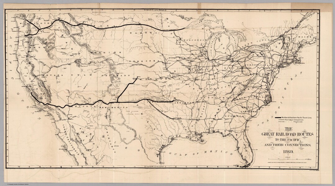E73 - Railroad Routes To The Pacific - American Photo Lithographic Company - 1869