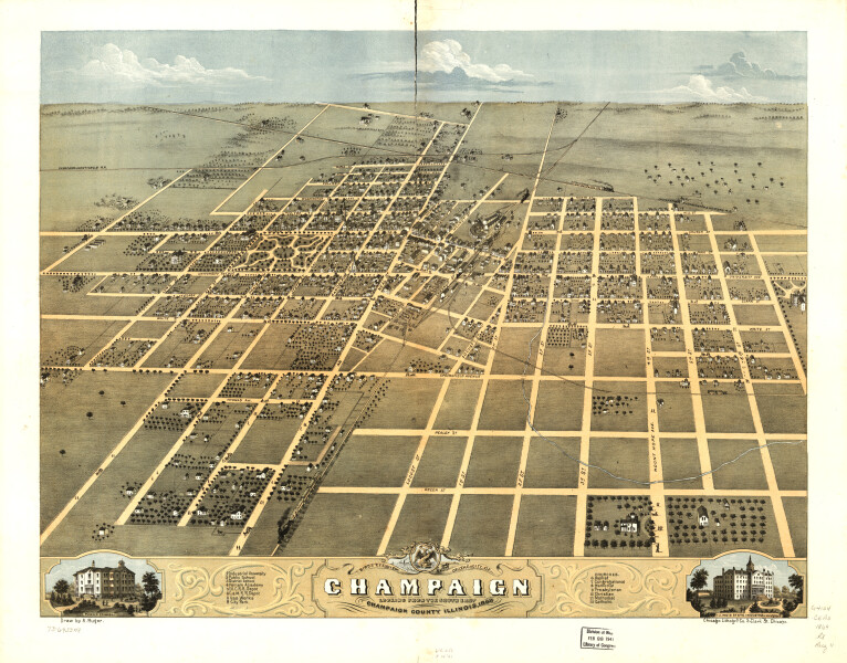 E74 - Birds Eye View of the City of Champaign Champaign County Illinois - A Ruger - 1869