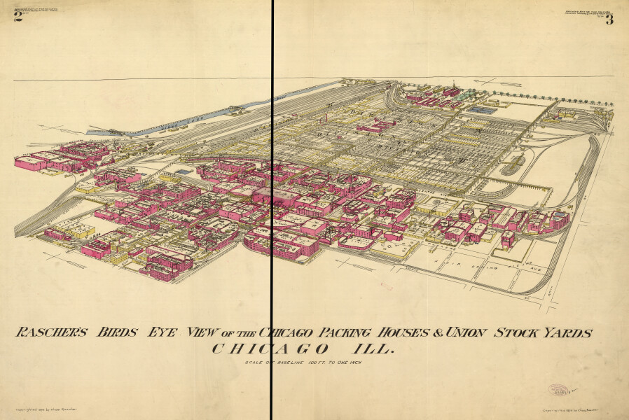 E74 - Raschers Birds Eye View of the Chicago Packing Houses and Union Stock Yards - Charles Rascher - 1890