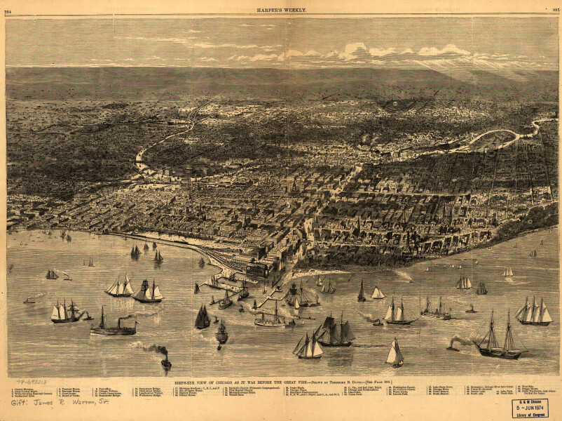 E74 - Birds Eye View of Chicago as it was before the Great Fire - Theodore R Davis - 1871