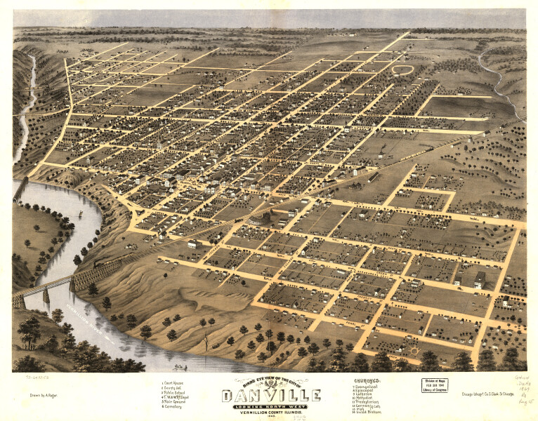 E74 - Birds Eye View of the City of Danville Vermillion County Illinois - A Ruger - 1869