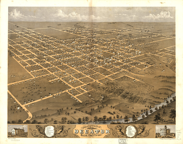 E74 - Birds Eye View of the City of Decatur Macon Co Illinois - A Ruger  - 1869