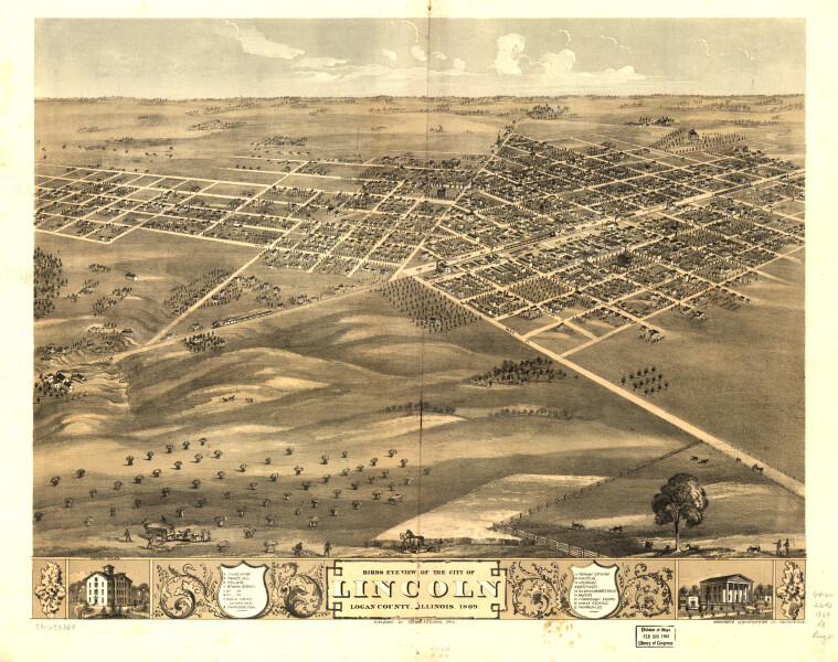 E74 - Birds Eye View of the City of Lincoln Logan County Illinois - A Ruger - 1869