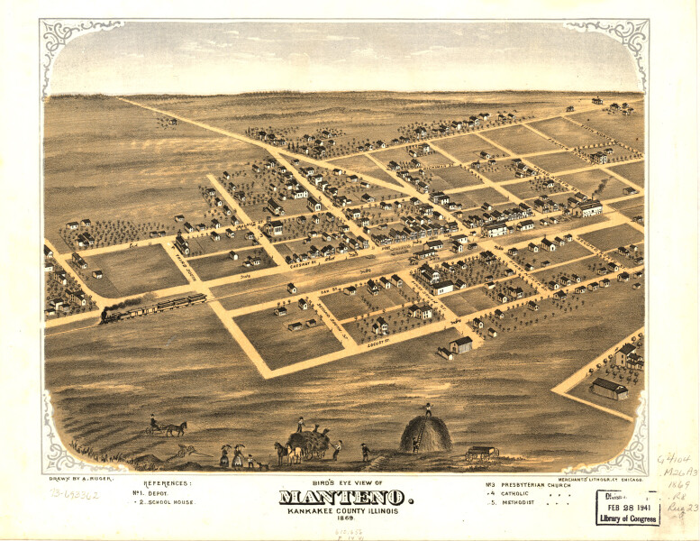 E74 - Birds Eye View of Manteno Kankakee County Illinois - A Ruger - 1869