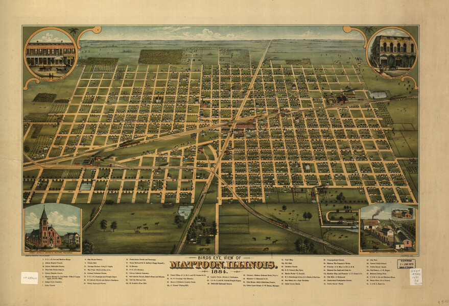 E74 - Birds Eye View of Mattoon Illinois - JW Smith  - 1884