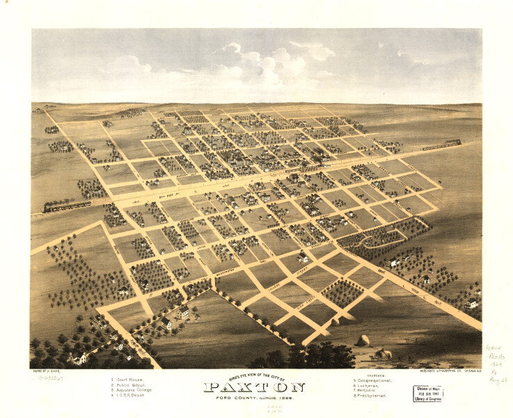 E74 - Birds Eye View of the City of Paxton Ford County Illinois  - A Ruger - 1869