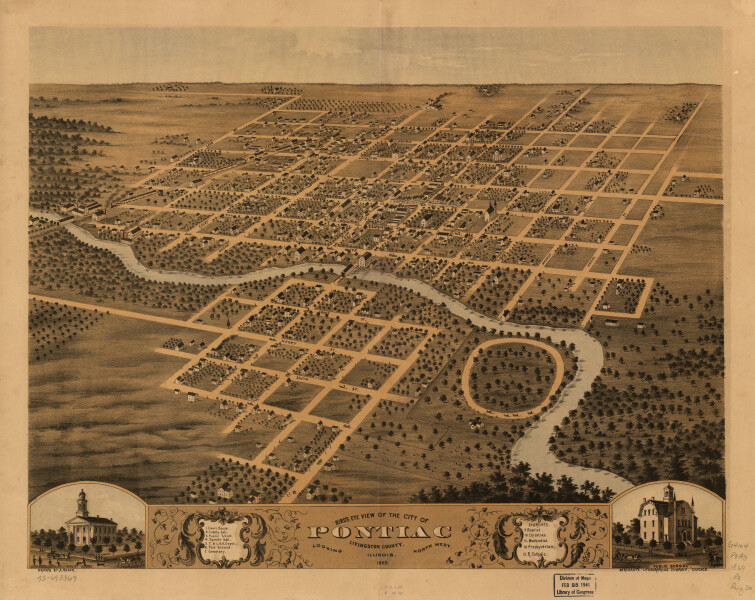 E74 - Birds Eye View of the city of Pontiac Livingston County Illinois  - A Ruger - 1869