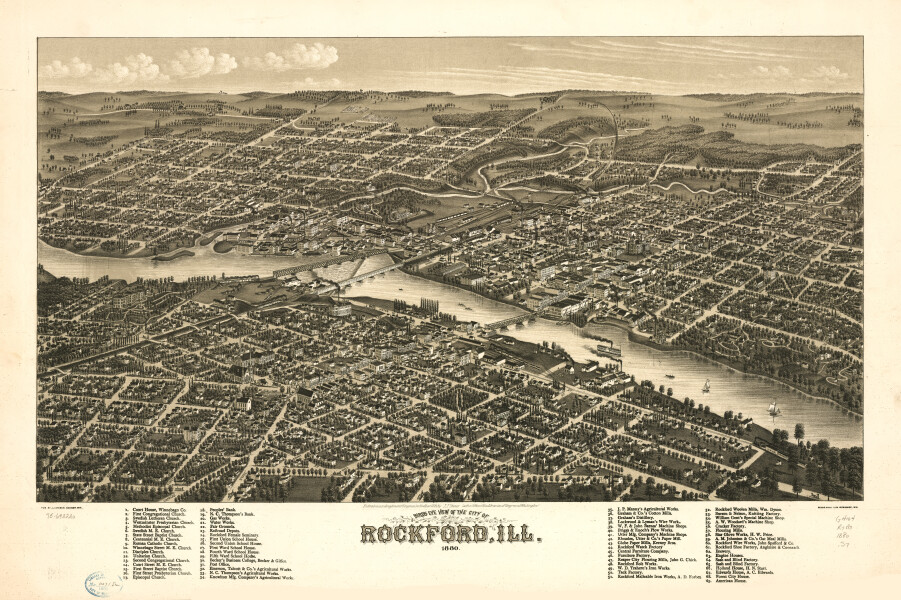 E74 - Birds Eye View of the City of Rockford Illinois  - JJ Stoner - 1880