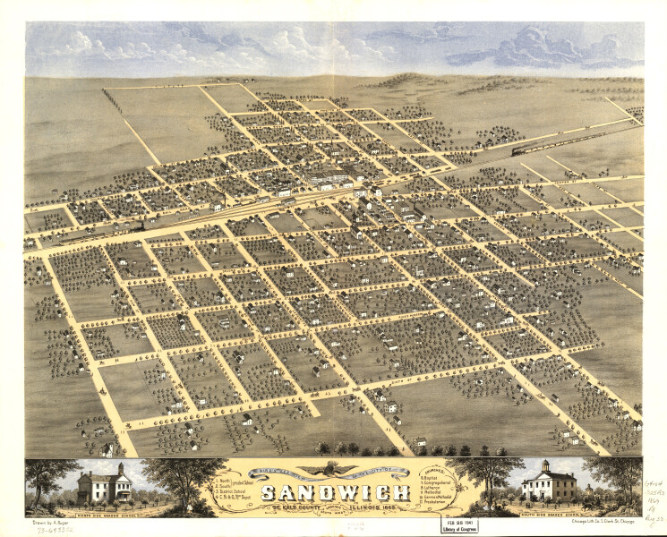 E74 - Birds Eye View of the City of Sandwich De Kalb County Illinois  - A Ruger - 1869