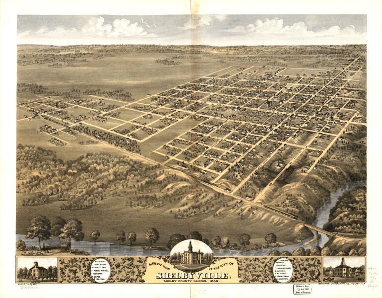 E74 - Birds Eye View of the City of Shelbyville Shelby County Illinois  - A Ruger  - 1869