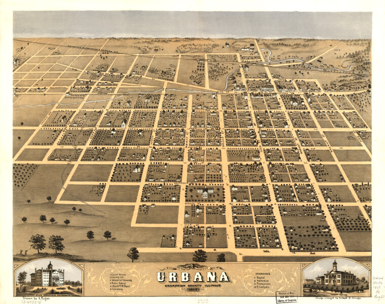 E74 - Birds Eye View of the City of Urbana Champaign County Illinois - A Ruger - 1869