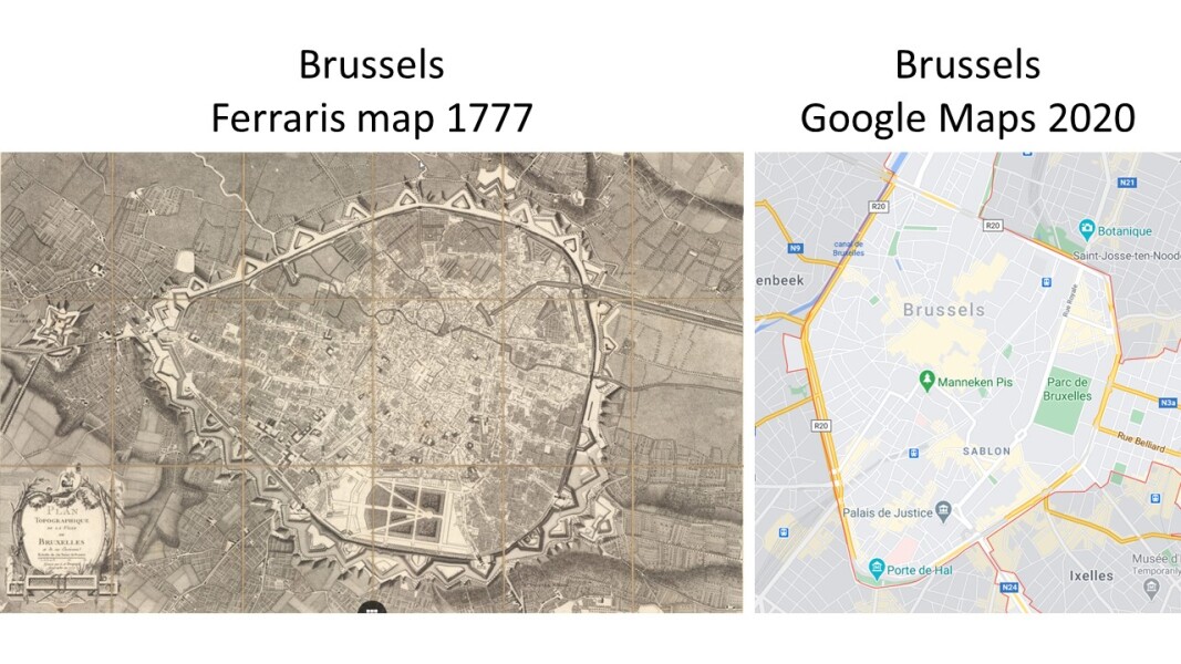 E85 - Brussels map of 1777 and Google Maps of Brussels 2020