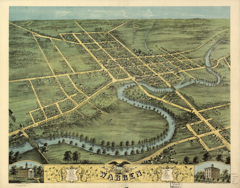 E93 - Birds eye view of Warren Trumbull County Ohio - 1870