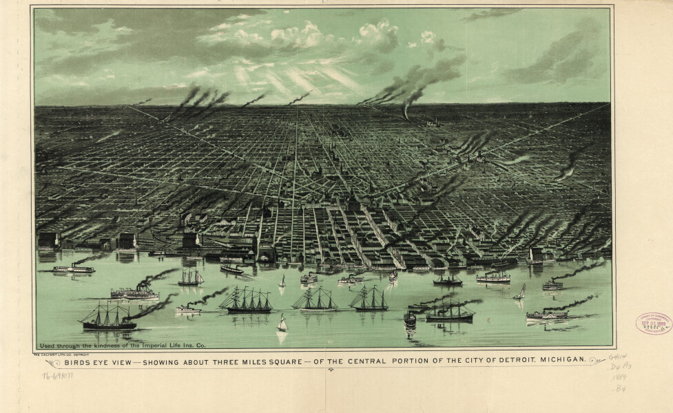 E94 - Birds eye view showing about three miles square of the central portion of the city of Detroit Michigan