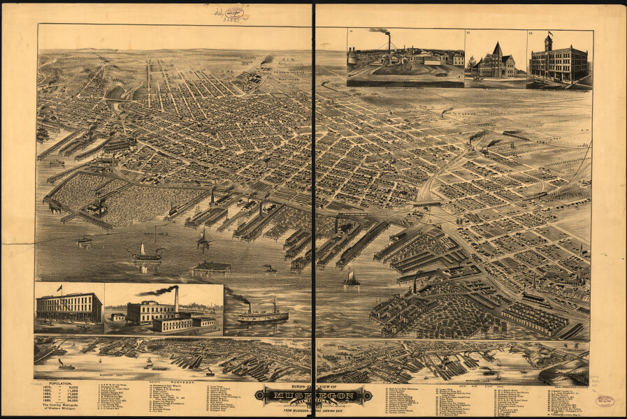 E94 - Birds-eye view of Muskegon Michigan 1889 from Muskegon Lake looking east