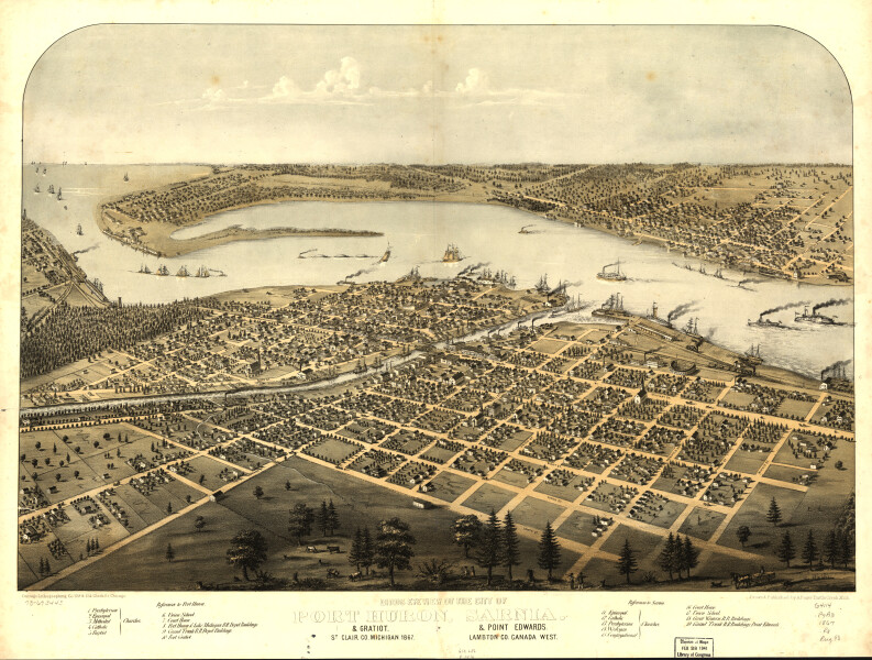 E94 - Birds eye view of the city of Port Huron Sarnia and Gratiot St Clair Co Michigan 1867 and Point Edwards Lambton Co Canada west