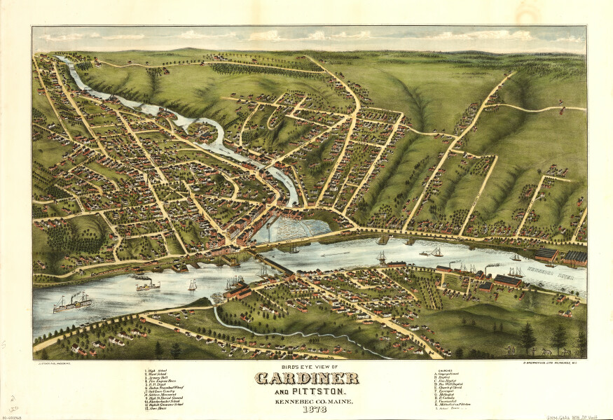 E110 - Birds eye view of Gardiner and Pittston Kennebec Co Maine - 1878