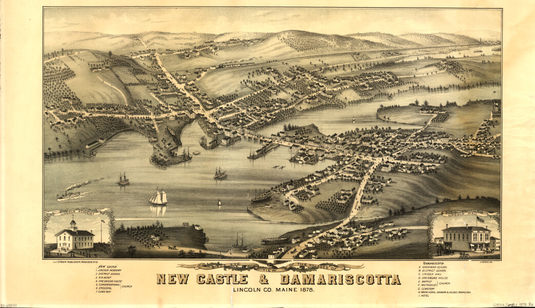 E110 - Birds eye view of the villages of New Castle and Damariscotta Lincoln Co Maine - 1878