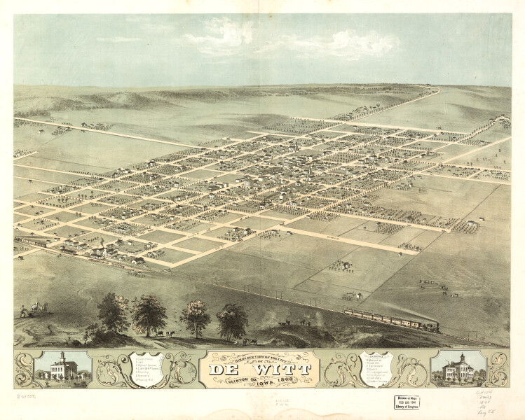 E119 - Birds eye view of the city of De Witt Clinton Co Iowa - 1868