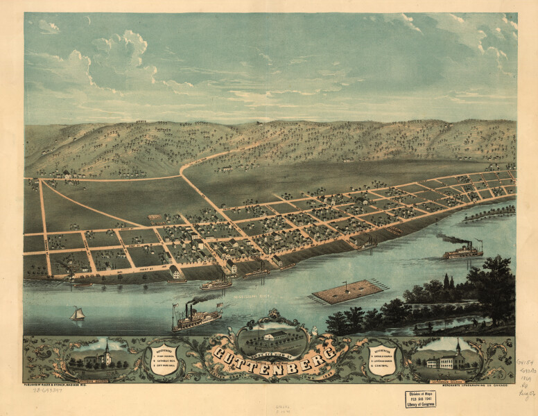 E119 - Birds eye view of Guttenberg Clayton County Iowa - 1869