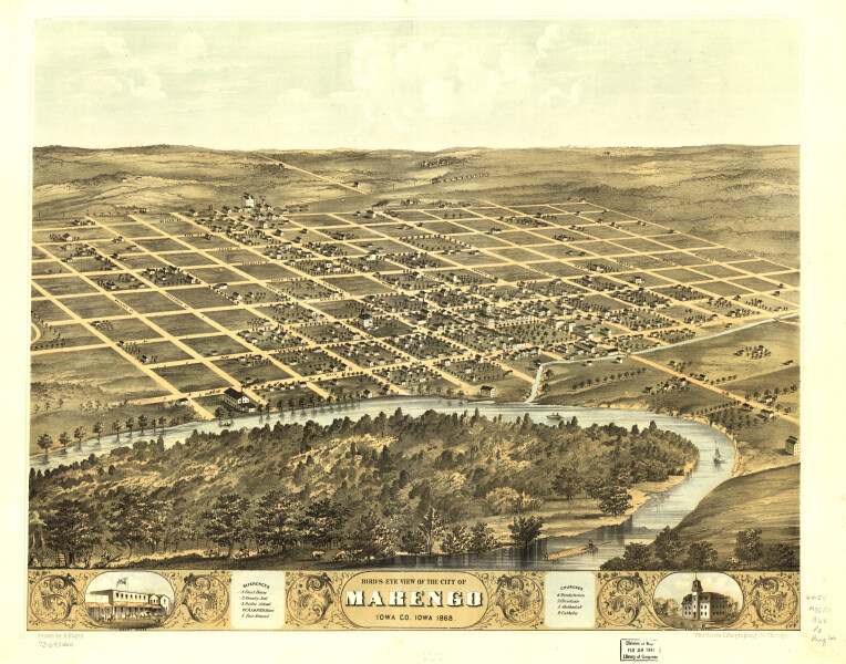 E119 - Birds eye view of the city of Marengo Iowa Co Iowa - 1868