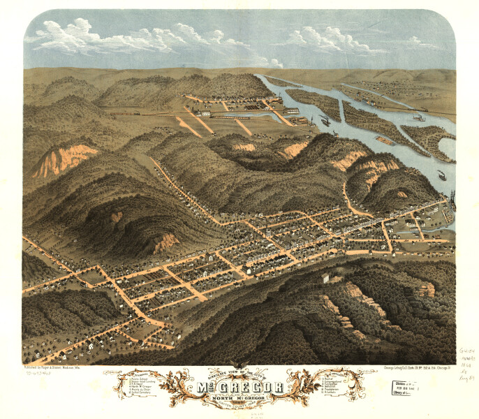 E119 - Birds eye view of the city of McGregor and North McGregor Clayton County Iowa - 1869