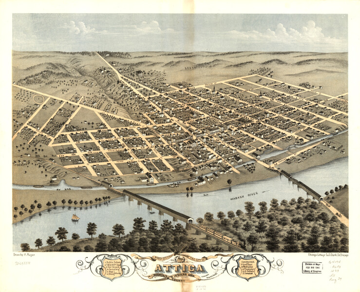 E120 - Birds eye view of the city of Attica Fountain County Indiana - 1869