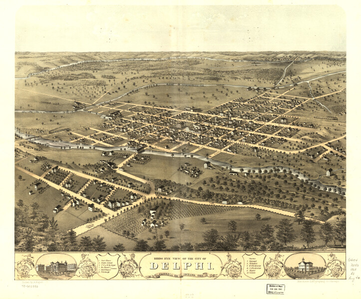 E120 - Birds eye view of the city of Delphi Carroll Co Indiana - 1868