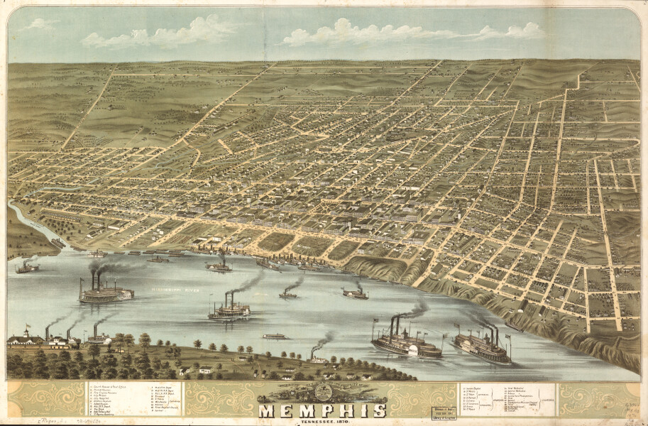 E130 - Birds eye view of the city of Memphis Tennessee - 1870