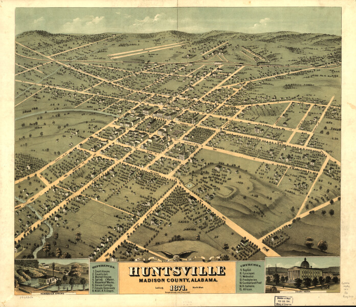 E132 - Birds eye view of the city of Huntsville Madison County Alabama - 1871