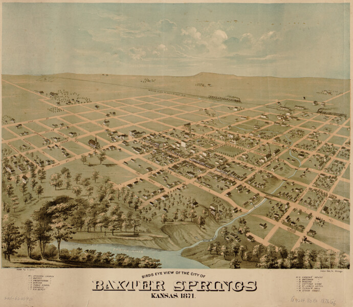 E133 - Birds eye view of the city of Baxter Springs Kansas - 1871