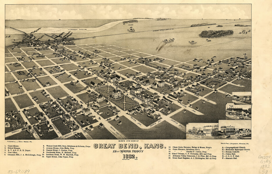 E133 - Birds eye view of Great Bend Kansas cs of Barton County - 1882