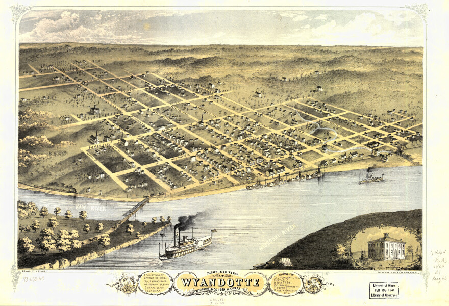 E133 - Birds eye view of Wyandotte Wyandotte Co Kansas - 1869