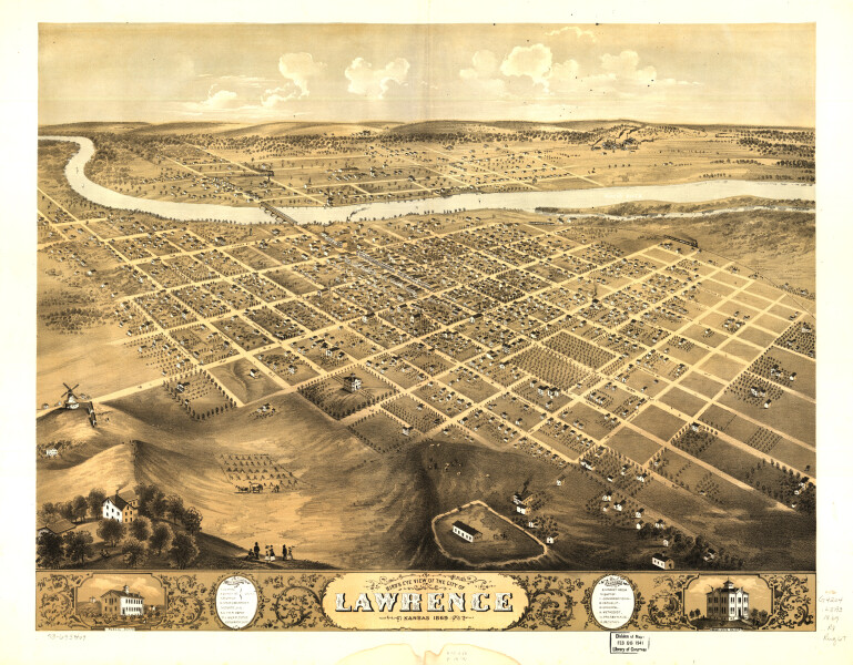 E133 - Birds eye view of the city of Lawrence Kansas - 1869