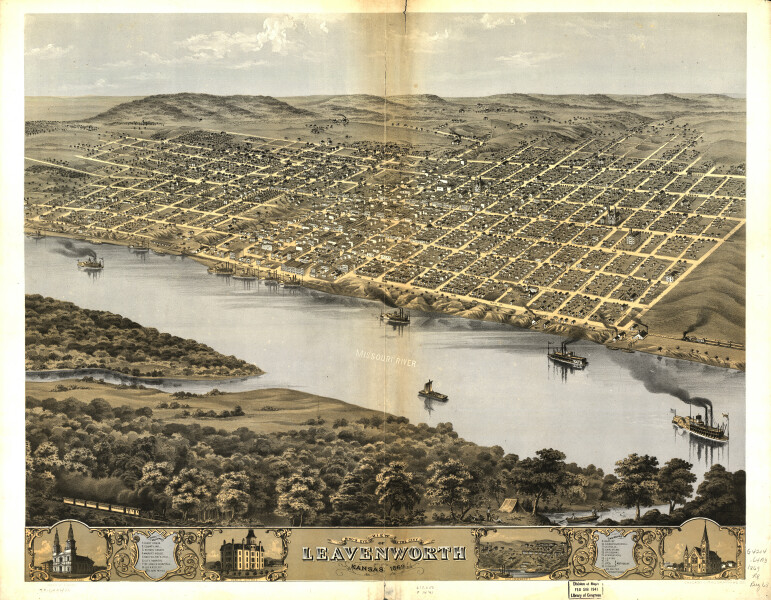 E133 - Birds eye view of the city of Leavenworth Kansas - 1869