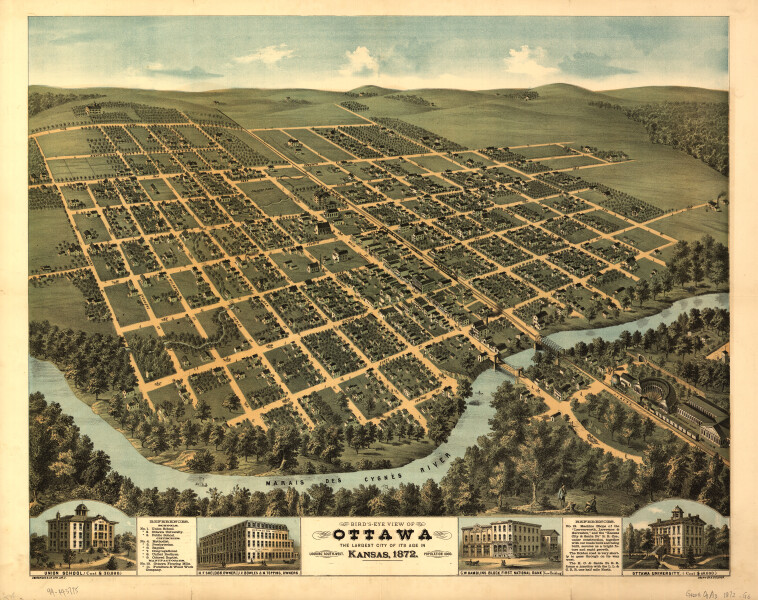 E133 - Birds-eye view of Ottawa the largest city of its age in Kansas - 1872