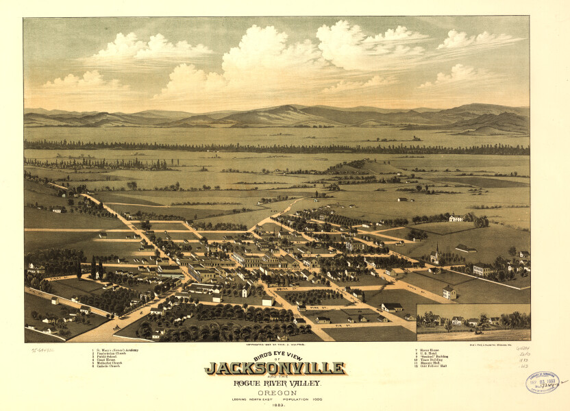 E134 - Birds eye view of Jacksonville and the Rogue River Valley Oregon - 1883