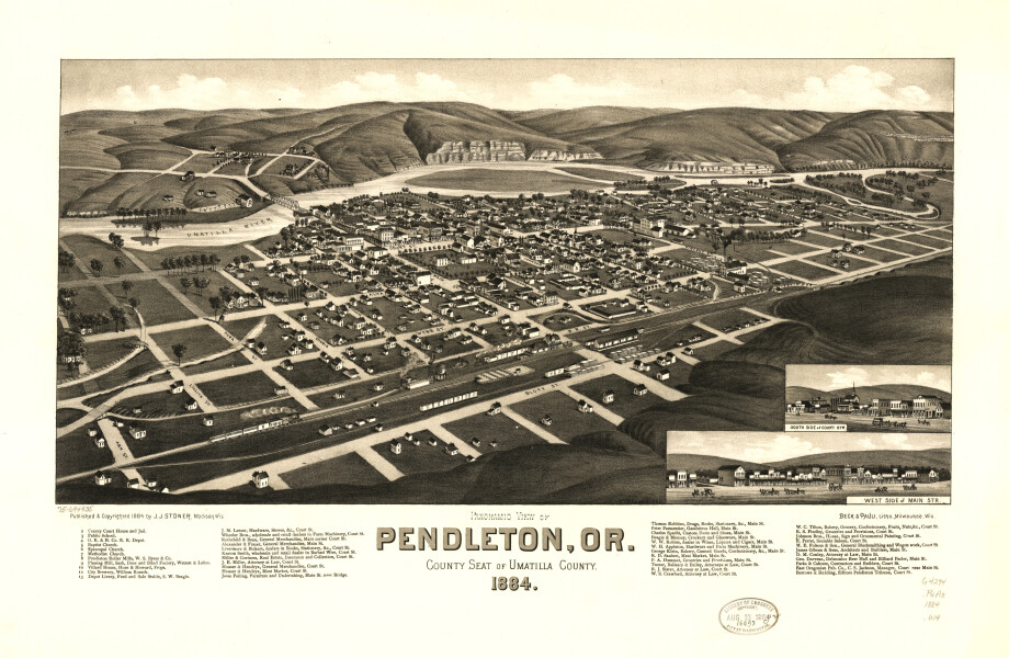 E134 - Panoramic view of Pendleton Oregon county seat of Umatilla County - 1884