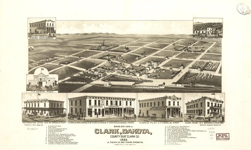 E137 - Birds eye view of Clark Dakota county seat Clark Co - 1883