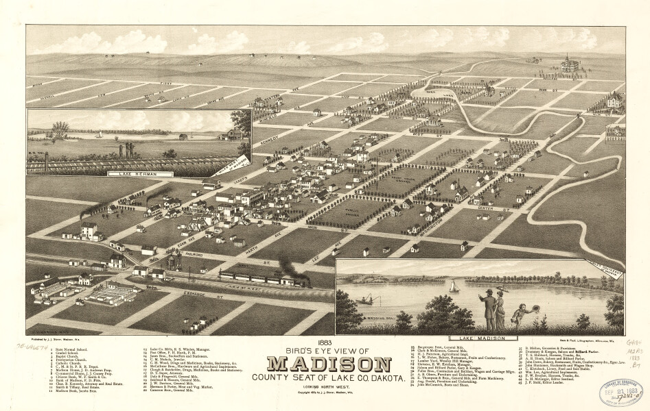 E137 - Birds eye view of Madison county seat of Lake Co Dakota - 1883 