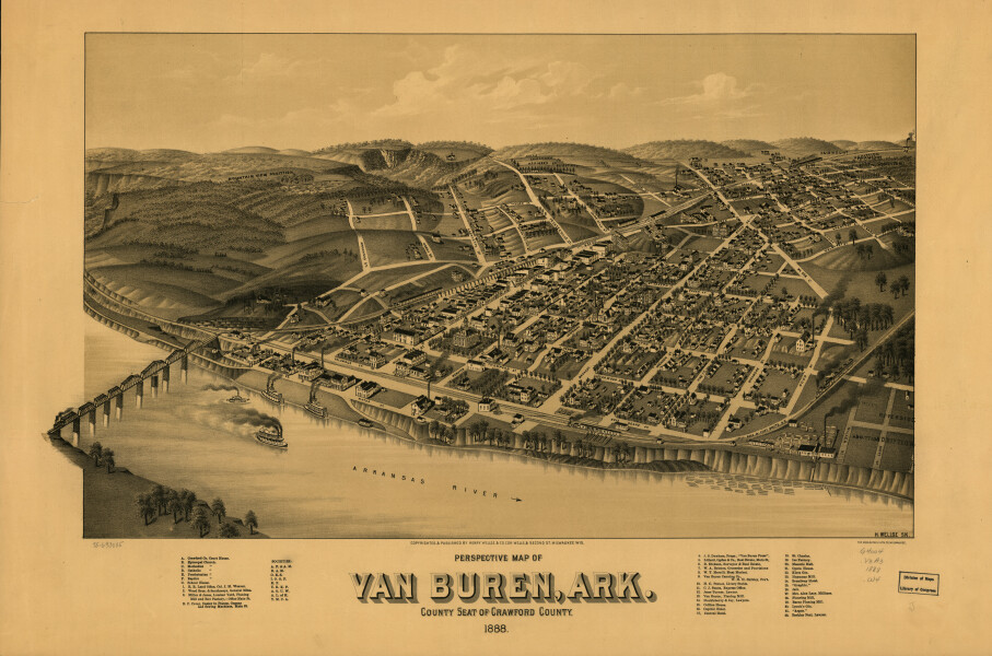 E140 - Perspective map of Van Buren Arkansas county seat of Crawford County - 1888