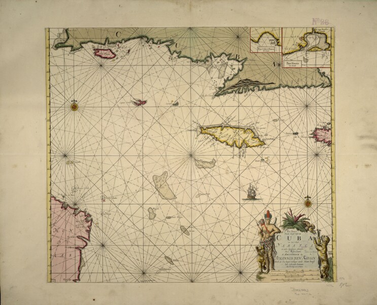 E180 - Pas kaart van de zuyd kust van Cuba en van geheel Yamaica en and're bygeleegen plaatsen - 1712