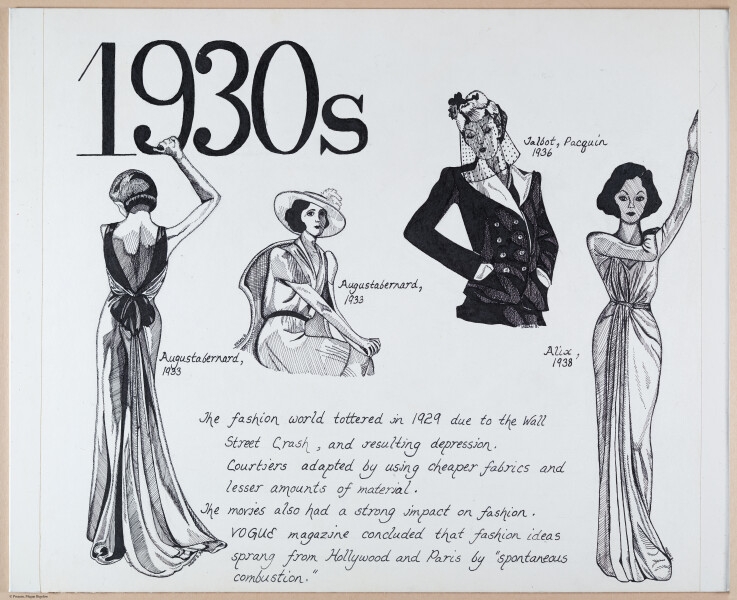 Fashion Timeline, 1930's & 1940's, pen & ink